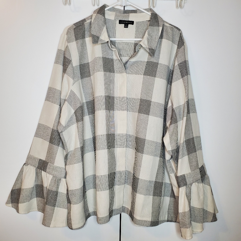 Lane Bryant| Plaid button down bell sleeve blouse